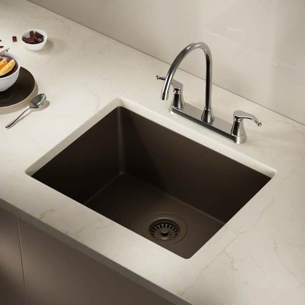 MR Direct Mocha Quartz Granite 22 in. Single Bowl Dualmount Kitchen Sink with Matching Strainer