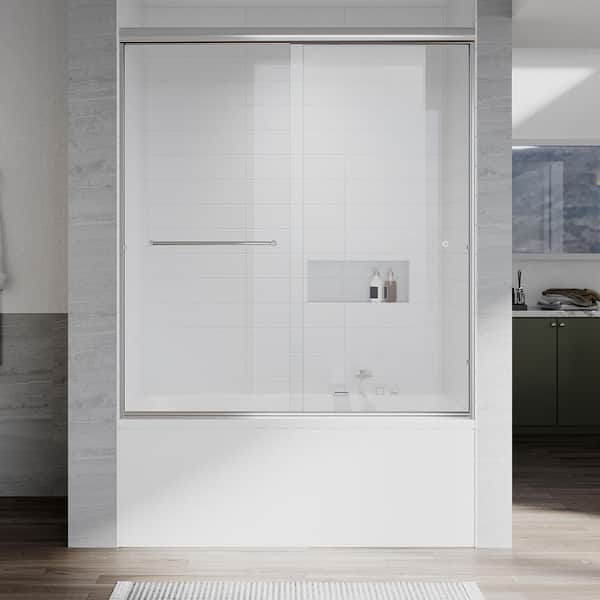 UKD07N 56 to 60 in. W x 66 in. H Double Sliding Semi-Frameless Tub Door in Chrome, with EnduroShield 1/4" Clear Glass