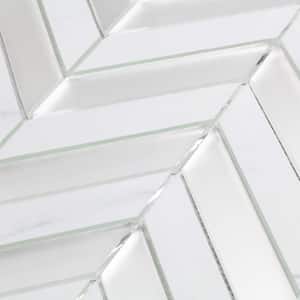 Art Deco Carrara White Herringbone Mosaic 12 in. x 12 in. Marble Look Glass Decorative Wall Tile (17.2 sq. ft./Case)