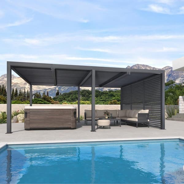 12 ft. x 20 ft. Gray Aluminum Louvered Pergola with 4 Adjustable Sunshade Roofs and 1-Short Side Fixed Shutter Wall