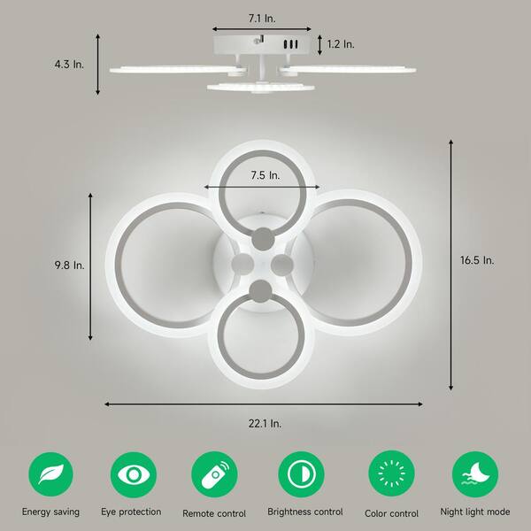 TOZING 22 in. White Modern Integrated LED 4 Rings Circle Semi