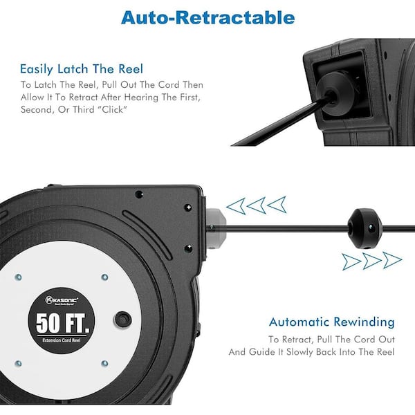 Etokfoks 50 ft. 14AWG/3C, 13 Amp Retractable Extension Cord Reel with 3  Grounded Outlet, Wall or Ceiling Mountable, Black MLPH005LT210 - The Home  Depot