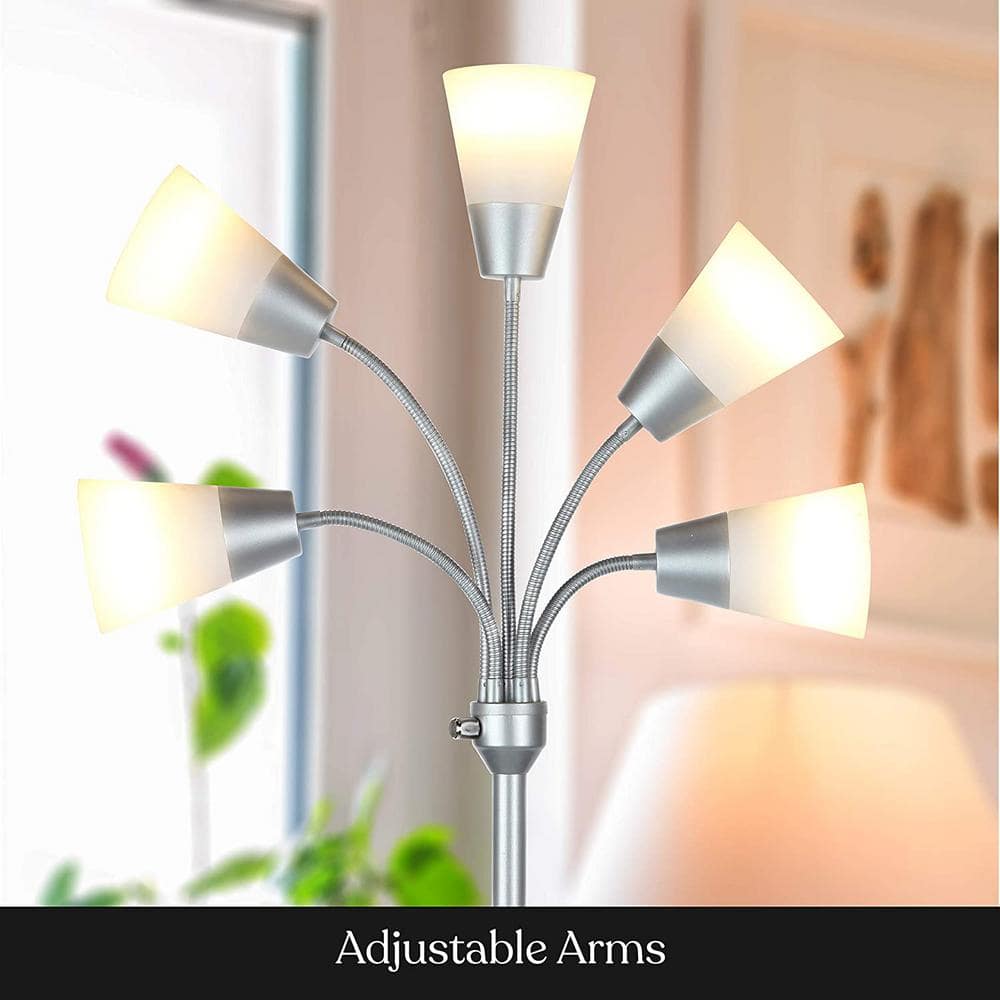 Silver 78" Adjustable 5-Light LED Floor Lamp with White Shades