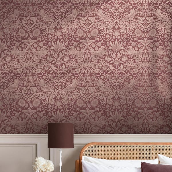William Morris At Home Strawberry Thief Fibrous Burgundy Wallpaper