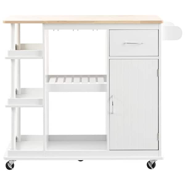 JimsMaison White Multipurpose Kitchen Cart with Adjustable Shelves and Wine Rack