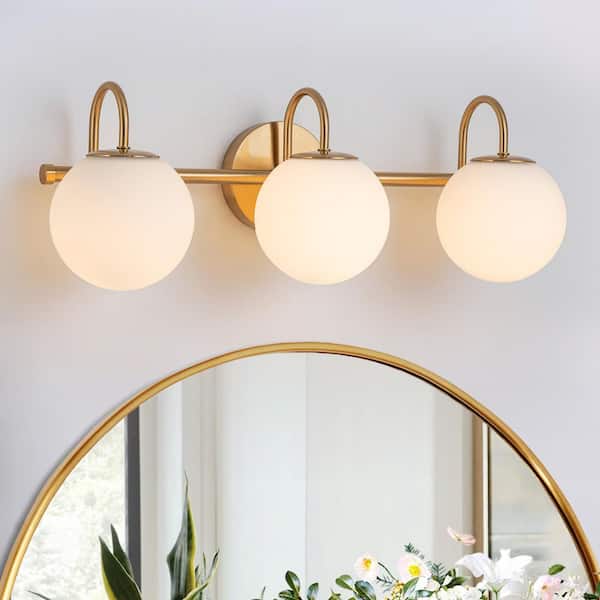 Lucie 22.64 in. 3-Light Gold Bathroom Vanity Light with Opal Glass Shades