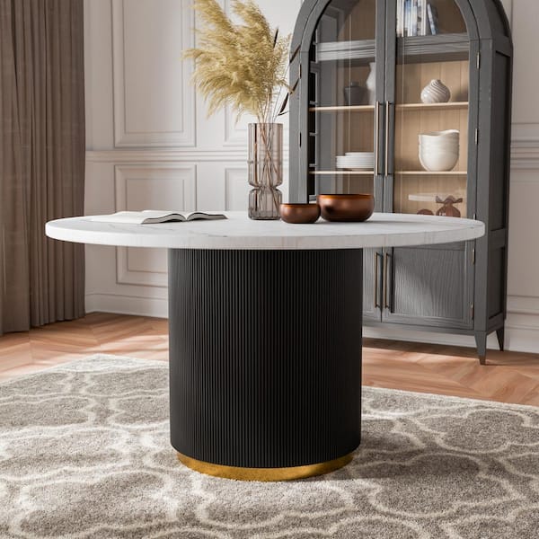 Furniture of America Beyer Modern 54 in. White Round Marble Top Dining Table With Column Base Seats 4