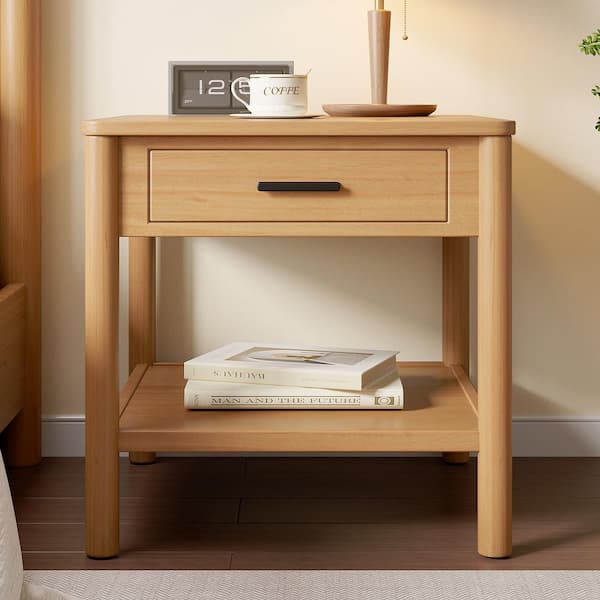 Hugo Modern 24 in. Natural Finish Rectangle MDF and Solid Wood Side Table with Drawer, Open Shelf
