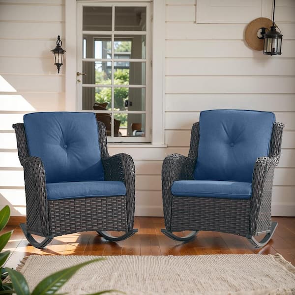 Opohoro ArcoBay Metal and Brown Wicker Outdoor Rocking Chair with Olefin Navy Blue Cushions (2-Pack)
