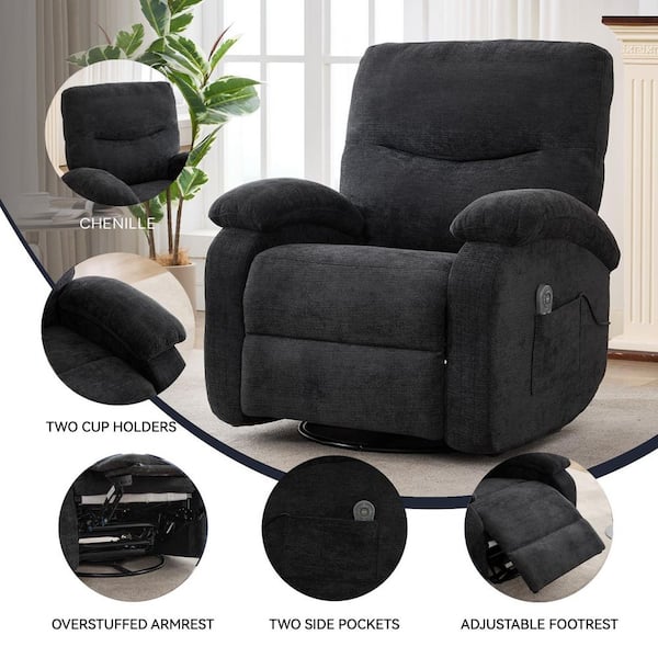 Black Chenille 360° Swivel Rocker Recliner with Massage and Heat - Sway, Recliner, and Unwind Completely