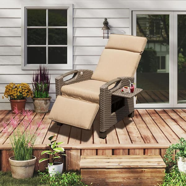 Domi Outdoor Reclining Chair with Built-In Side Table and Cushions, All-Weather Wicker, Beige