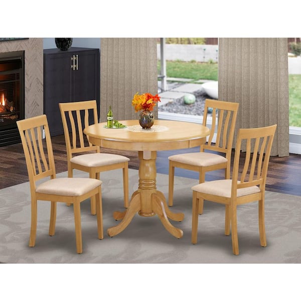 5-Piece Round Natural Oak Finish Solid Wood Top Dining table with 4 Chairs with Lattice Back