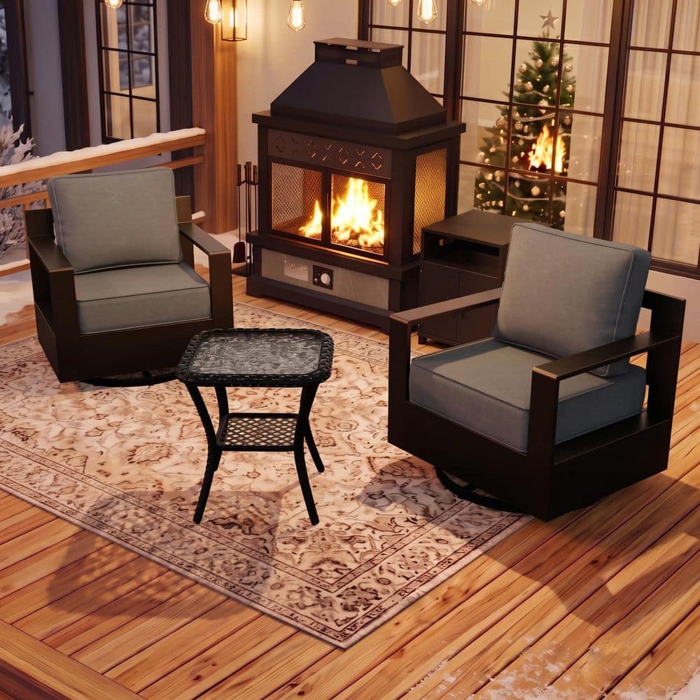 4-Piece Fire Pit Patio Set Aluminum Outdoor Patio Conversation Set with Rocking Chairs,Side Table and Gray Cushions