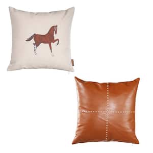 Country Embroidered Horse Boho Set of 2 Throw Pillow Cover 18" x 18" Vegan Faux Leather Solid Beige & Brown Square