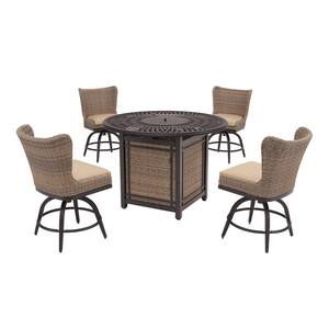 Hazelhurst 5-Piece Brown Wicker Outdoor Patio High Dining LP Fire Pit Set with Bare Cushions