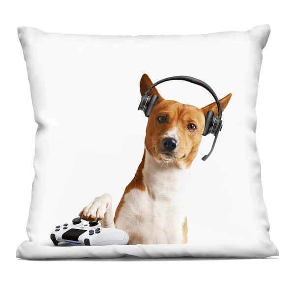 Stupell Industries Gaming Dog with Headset Brown Abstract Polyester 18 in. x 18 in. Throw Pillow