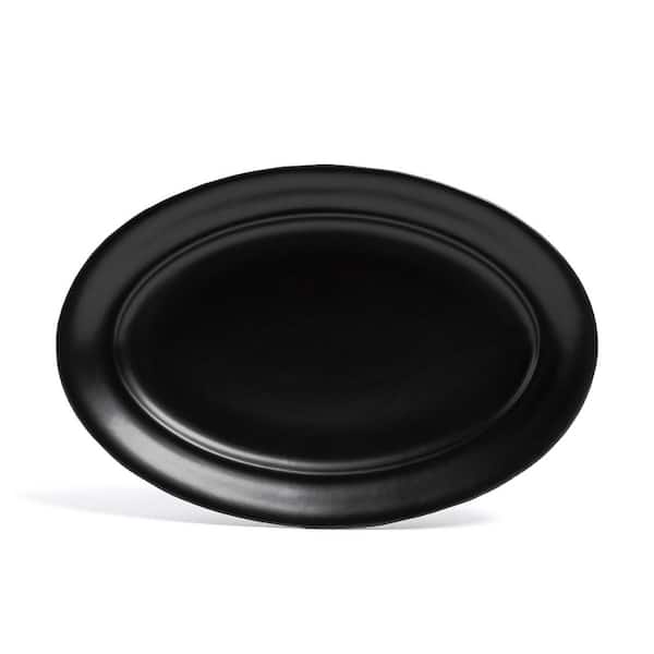Rimmed 16 in. Semi-Matte Black Hand-Finished Stoneware Oval Serving Platter