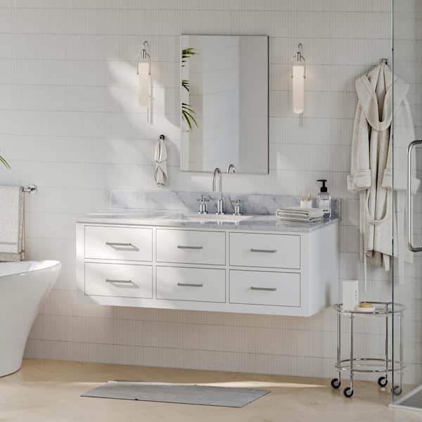ARIEL Hutton 55 in. W x 22 in. D x 18.85 in. H Bath Vanity in White with Carrara White Marble Top