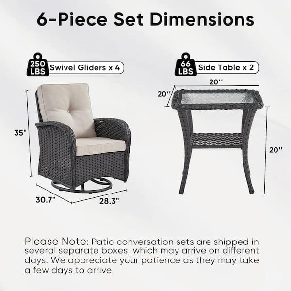 Farmhouse 6-Piece Black Wicker Outdoor Rocking Chair with Olefin Beige Cushions and Swivel Glides / Side Tables
