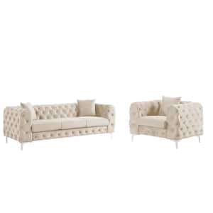 Modern Contemporary 2-Piece of Accent Chair and Sofas Set with Deep Button Tufting Dutch Velvet Top in Beige