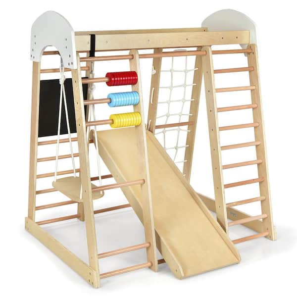 Costway Natural Indoor Playground Climbing Gym Kids Wooden 8-in-1 Climber Playset for Children