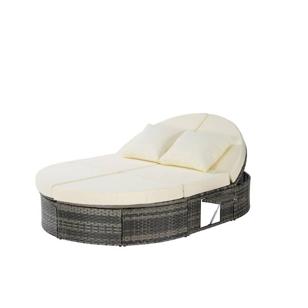 Unbranded Wicker Outdoor Reclining Day Bed, Lounger with Adjustable Backrests with Beige Cushions and Pillows