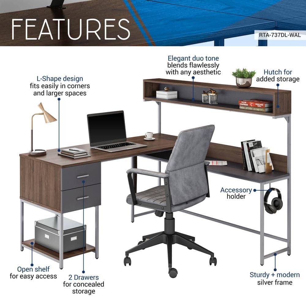 Walnut Wood L-Shaped Gaming Computer Desk with Hutch and Drawer