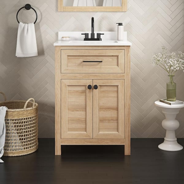 Home Decorators Collection Hanna 24 in. W x 19 in. D x 34 in. H Single Sink Bath Vanity in Weathered Tan with White Engineered Stone Top