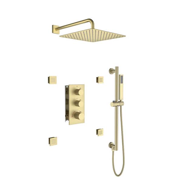CASAINC Luxury Thermostatic 3-Spray Wall Mount Dual Fixed and Handheld Shower Head with 4-Body Jets, Slide Bar in Brushed Gold