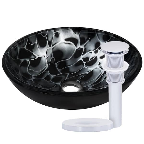 Novatto Tartaruga Round Glass Vessel Sink in Black with Pop-Up Drain in Chrome