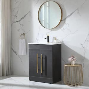 24 in. W x 16 in. D x 32 in. H Freestanding Bathroom Vanities in Black Wood Grain with Ceramic Single Sink Top in White