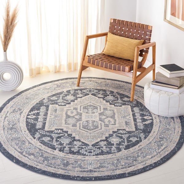 Blair Beige/Navy 7 ft. x 7 ft. Machine Washable Medallion Border Floral Round Area Rug