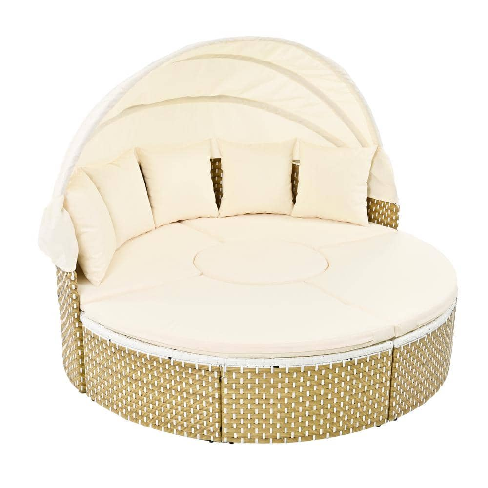 4-Piece Wicker Outdoor Day Bed Patio Round Sectional Sofa Set Sunbed with Retractable Canopy, Table, Beige Cushion -  URTR, HY03239Y