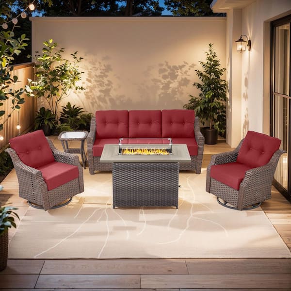 Modern Farmhouse 5-Piece Brown Wicker Fire Pit Conversation Set with 6 in. Red Cushions and Patio Swivel Chairs