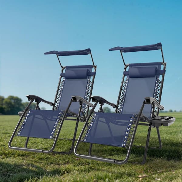 (Set of 2) Patio Zero Gravity Chair with Cup Tray and Canopy Sun Shade Metal Outdoor Recliner with Navy Blue Cushions