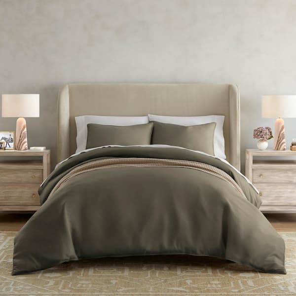 Olive Green Solid 100% Viscose from Bamboo Full/Queen Duvet Cover Set with Shams