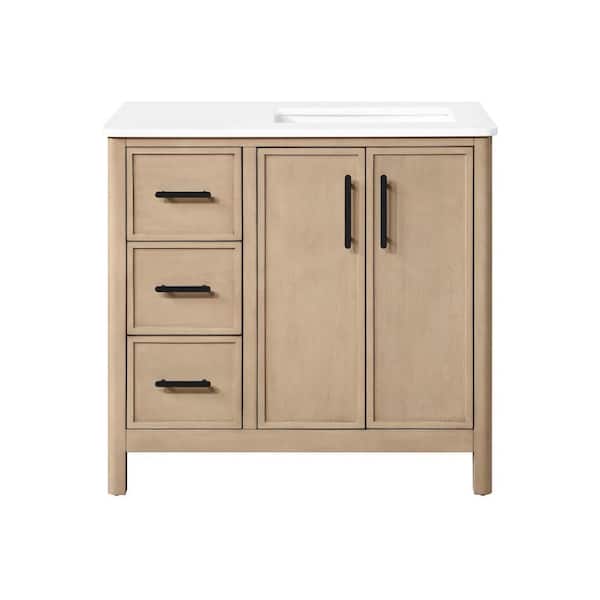 Solas 36 in. Single Sink Freestanding Sahara Birch Bath Vanity with White Engineered Stone Top