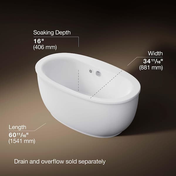 Sunstruck 60.6275 in. x 33.8125 in. Oval Soaking Bathtub with Center Drain in White
