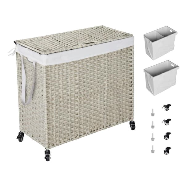 Unbranded 42.26 Gal. Light Gray Rattan Deck Box Laundry Hamper with Lid and 2 Removable Bags