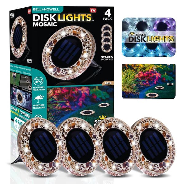 Bell + Howell Mosaic Disk Lights Solar Powered Light Brown LED Path Lights with Mosaic Glass Top (4-Pack)