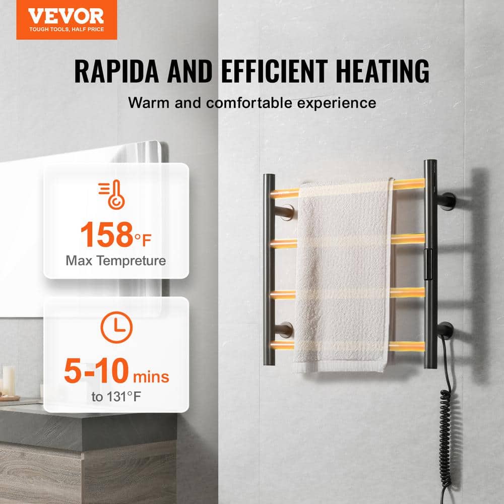 Black Stainless Steel Wall-Mounted 4-Bar Heated Towel Warmer