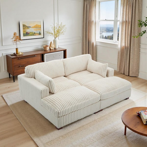 82.72 in. Modern Square Arm Faux Rabbit Fur Fabric Upholstered Sectional Sofa in. White