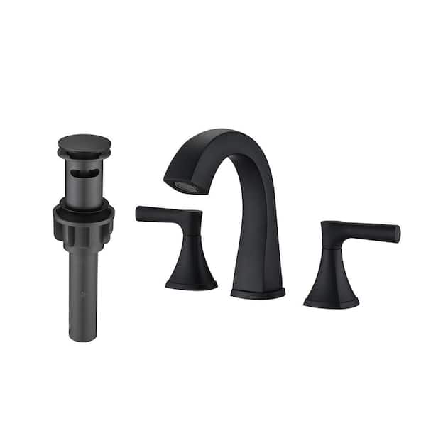 FLG 8 in. Widespread Double Handle Bathroom Faucet with Drain Kit Included Brass Bathroom Sink Vanity Faucets in Matte Black