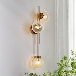 Modern 30 in. H Brass 3-Light Vanity Light Linear Vertical or Horizontal Wall Sconce with Globe Cracked Glass Shades