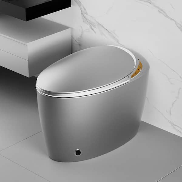 12 in. Elongated Oval LED Display 1-Piece Single Flush Toilet 1.28GPF in Gray with Auto Open/Close, Foot Sensor