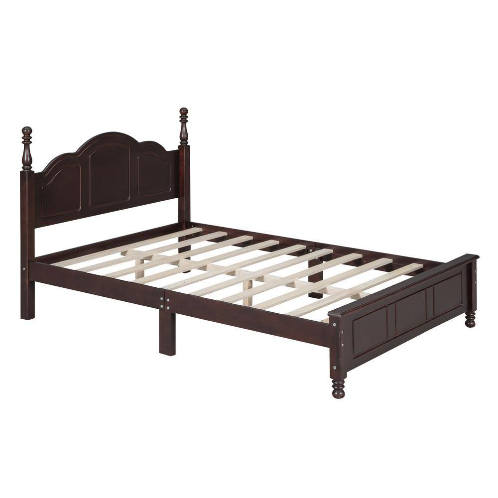 Full Size Dark Walnut Pine Wood Platform Bed with Headboard