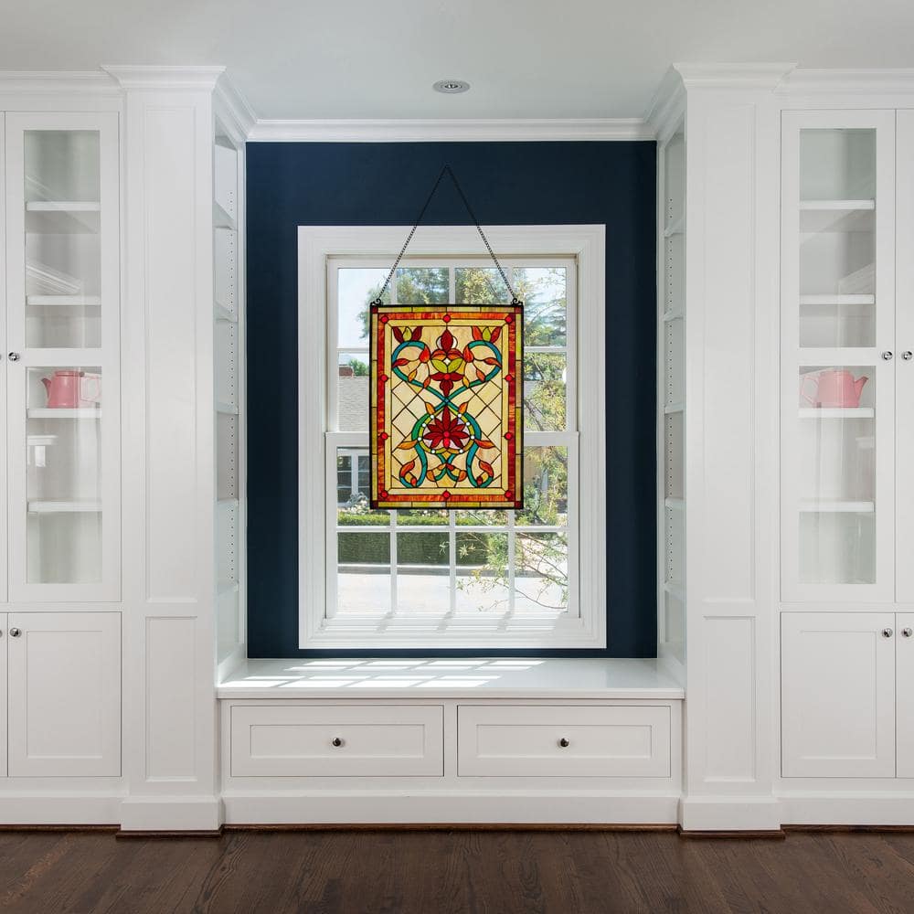 Fiery Hearts and Flowers Multicolor Stained Glass Window Panel