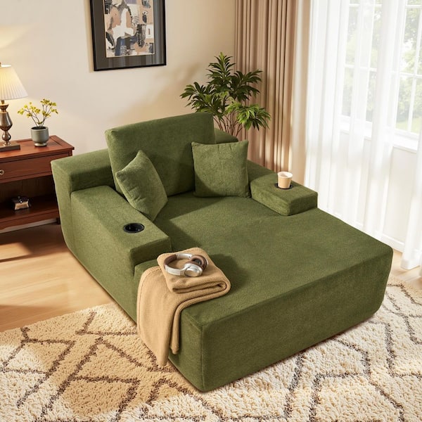 JOT 67 in. Square Arm Cloud Velvet Fabric Rectangle Chaise Lounge Sleeper Sofa Bed with Pillows and Cup Holders in Green