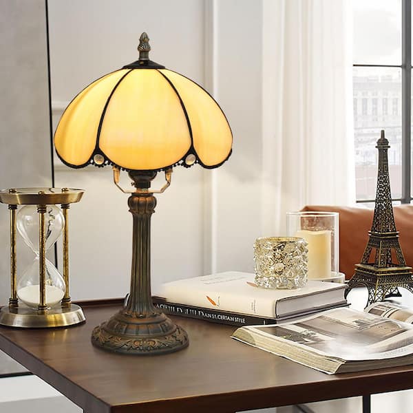 14 in. Tiffany Style Bronze Finish Table Lamp with Beige Stained Glass Lamp Shade