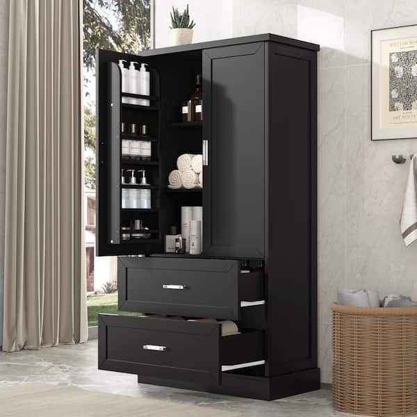 31.3 in. Kitchen Pantry Cabinet, Storage Cabinet with Two Doors and Drawers, Adjustable Shelf, MDF Board - Black